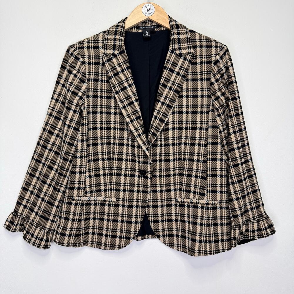 PEACE OF CLOTH Plaid Blazer XL Black Cream Ruffle Sleeve Preppy Career Jacket
